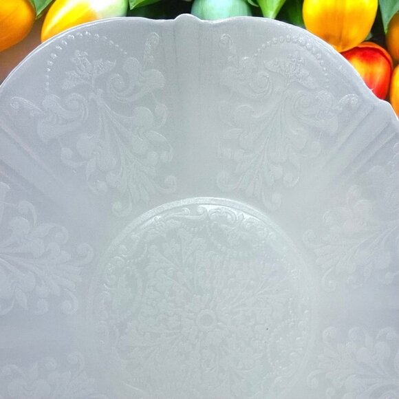 Vintage White Depression Glass Plate Embossed Scroll & Floral Pattern 10.5" - Picture 3 of 7